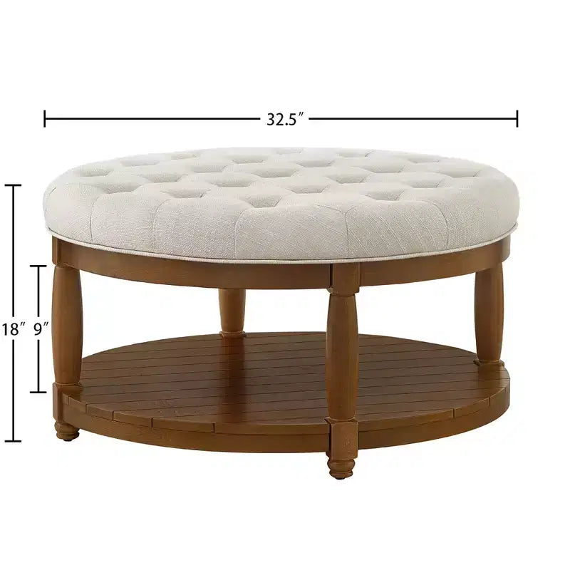 Pouffe ottoman capitonné rond moderne en bois et lin avec étagère de rangement