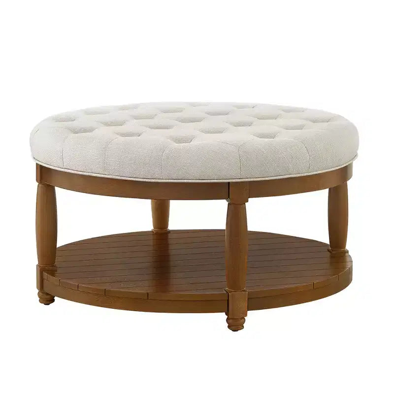 Pouffe ottoman capitonné rond moderne en bois et lin avec étagère de rangement