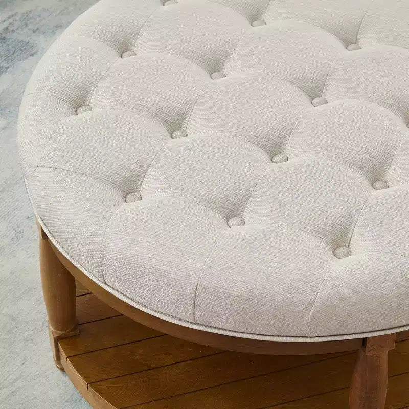 Pouffe ottoman capitonné rond moderne en bois et lin avec étagère de rangement