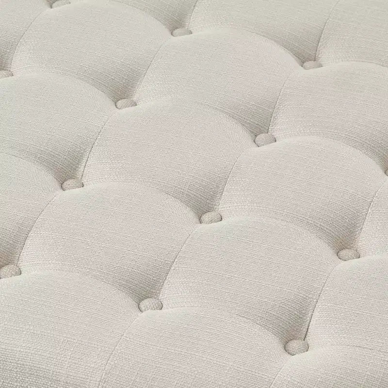 Pouffe ottoman capitonné rond moderne en bois et lin avec étagère de rangement