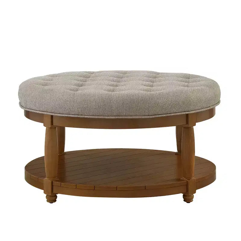 Pouffe ottoman capitonné rond moderne en bois et lin avec étagère de rangement