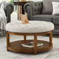 GDFStudio Damien Modern Wooden Round Linen Upholstered Tufted Ottoman with Shelf Storage