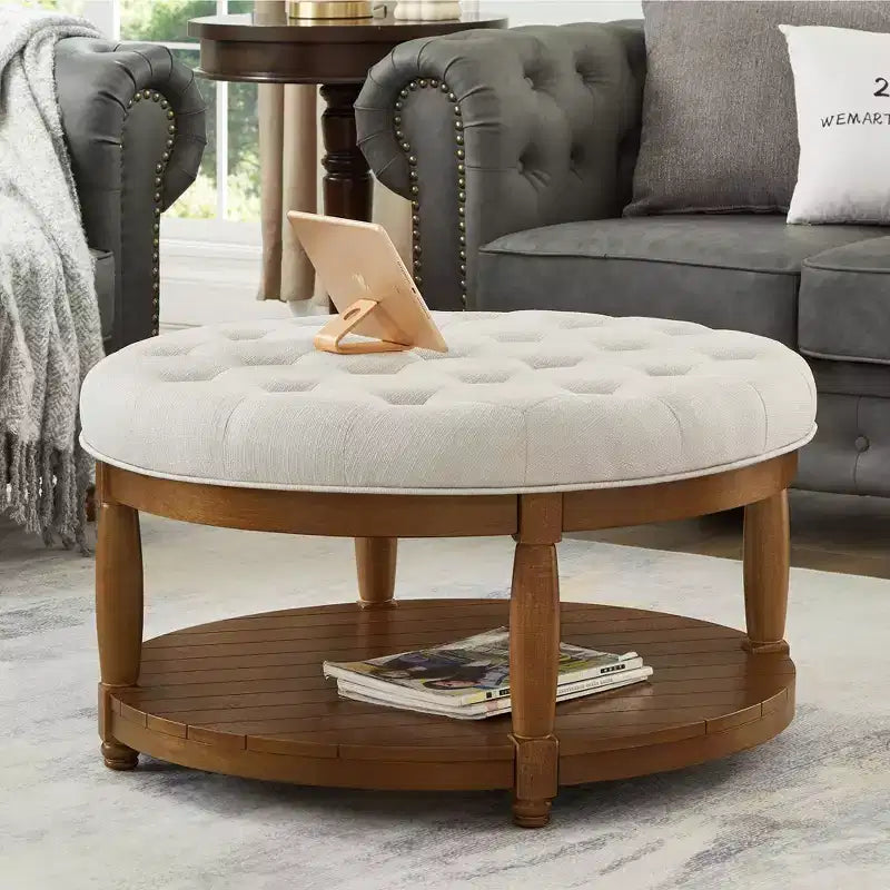 GDFStudio Damien Modern Wooden Round Linen Upholstered Tufted Ottoman with Shelf Storage