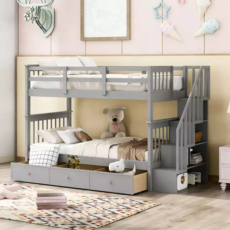 Lit superposé jumeau sur jumeau avec 3 tiroirs et étagères pour appartement et dortoir
