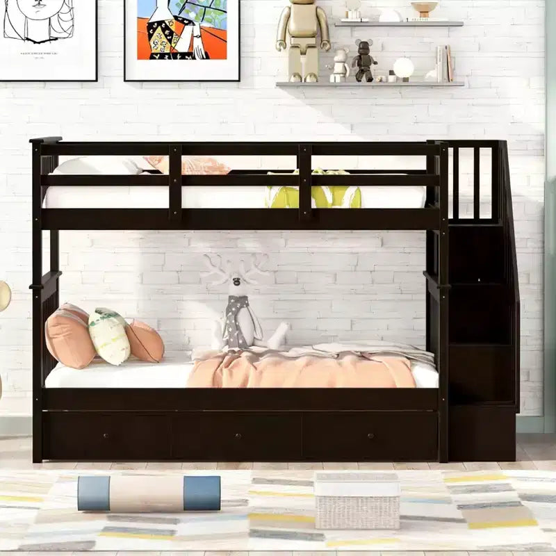 Luxystar Twin Over Twin Bunk Bed with 3 Drawers and Shelves for Apartment and Dorm