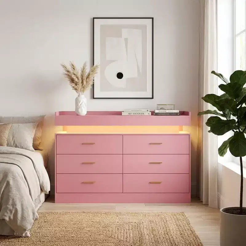 Meuble TV avec lumières et station de charge, Buffet moderne avec bar à café flottant, Console de buffet avec 6 tiroirs pour salon
