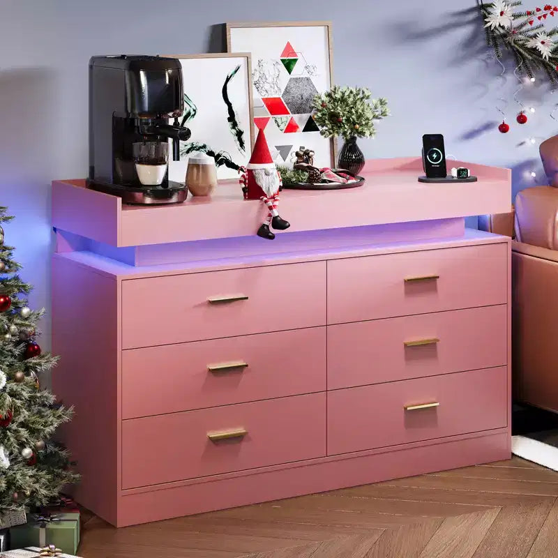 Meuble TV avec lumières et station de charge, Buffet moderne avec bar à café flottant, Console de buffet avec 6 tiroirs pour salon