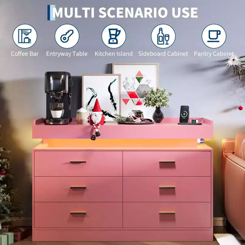 Meuble TV avec lumières et station de charge, Buffet moderne avec bar à café flottant, Console de buffet avec 6 tiroirs pour salon