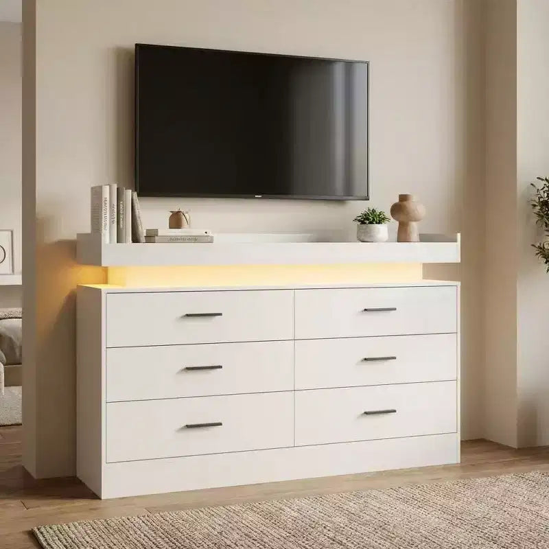 Meuble TV avec lumières et station de charge, Buffet moderne avec bar à café flottant, Console de buffet avec 6 tiroirs pour salon