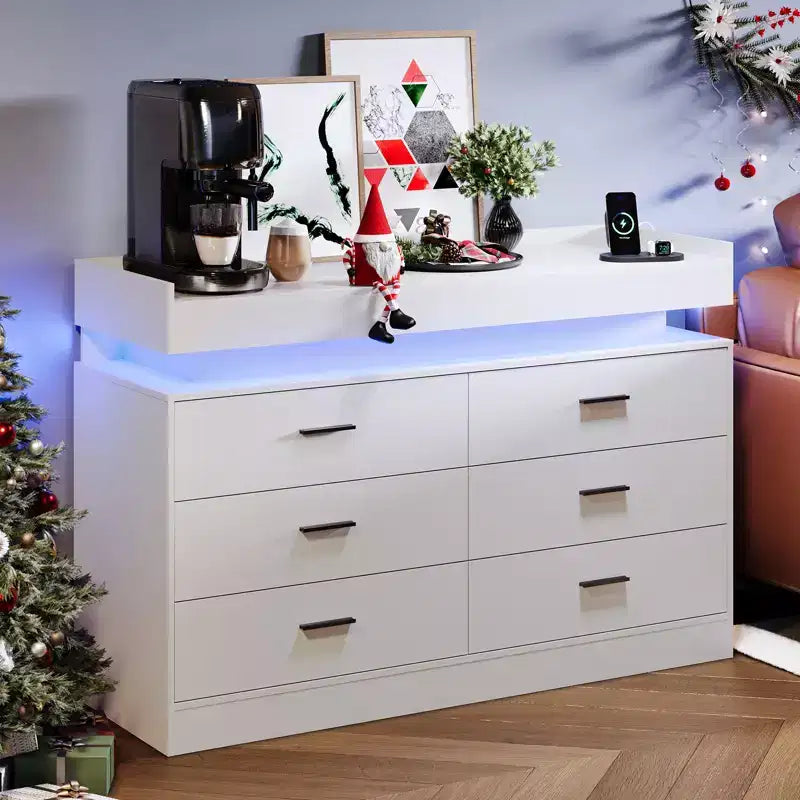 Meuble TV avec lumières et station de charge, Buffet moderne avec bar à café flottant, Console de buffet avec 6 tiroirs pour salon