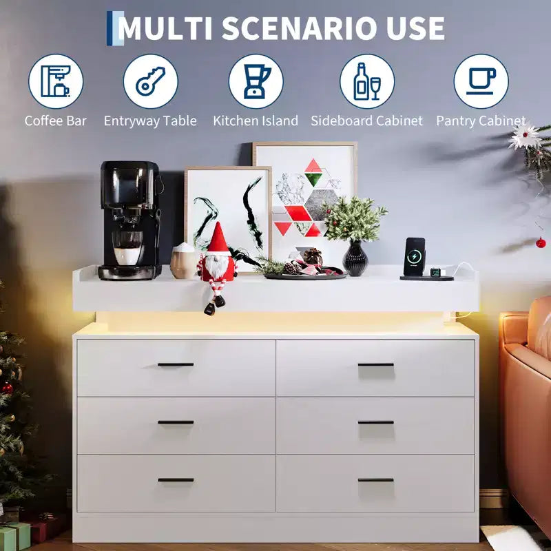 Meuble TV avec lumières et station de charge, Buffet moderne avec bar à café flottant, Console de buffet avec 6 tiroirs pour salon