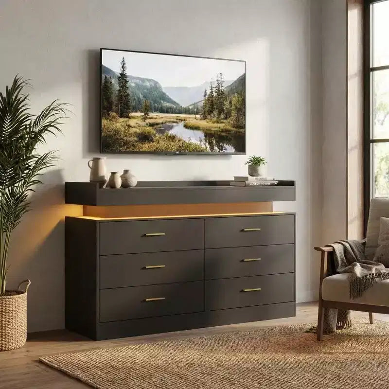 Meuble TV avec lumières et station de charge, Buffet moderne avec bar à café flottant, Console de buffet avec 6 tiroirs pour salon