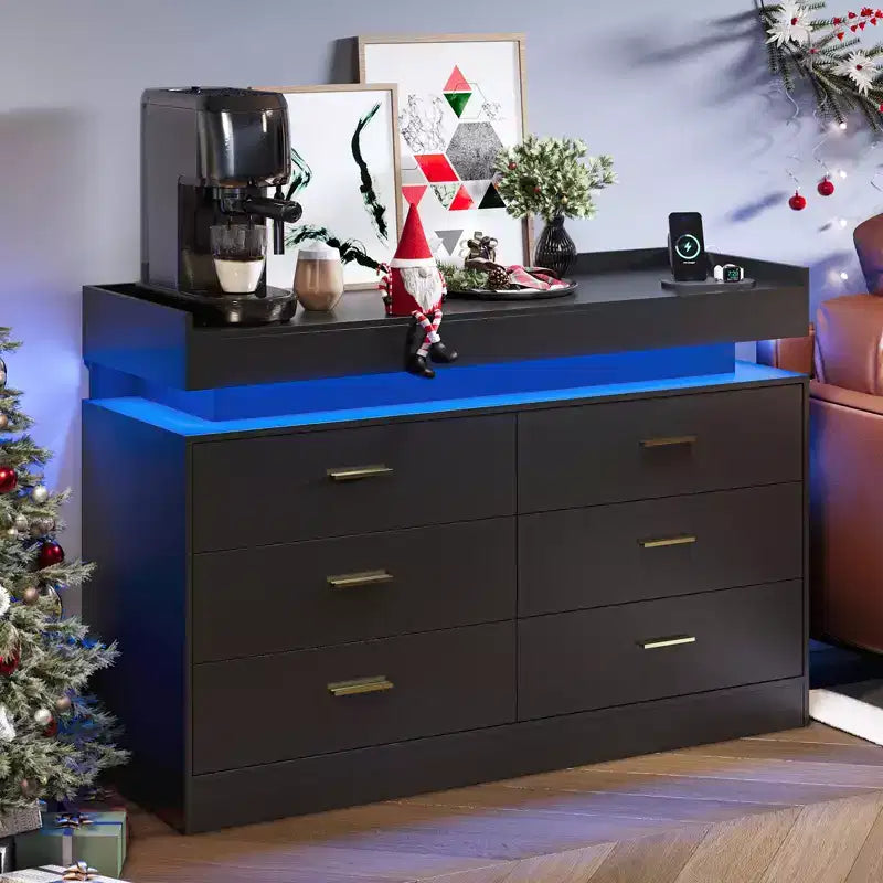 Meuble TV avec lumières et station de charge, Buffet moderne avec bar à café flottant, Console de buffet avec 6 tiroirs pour salon