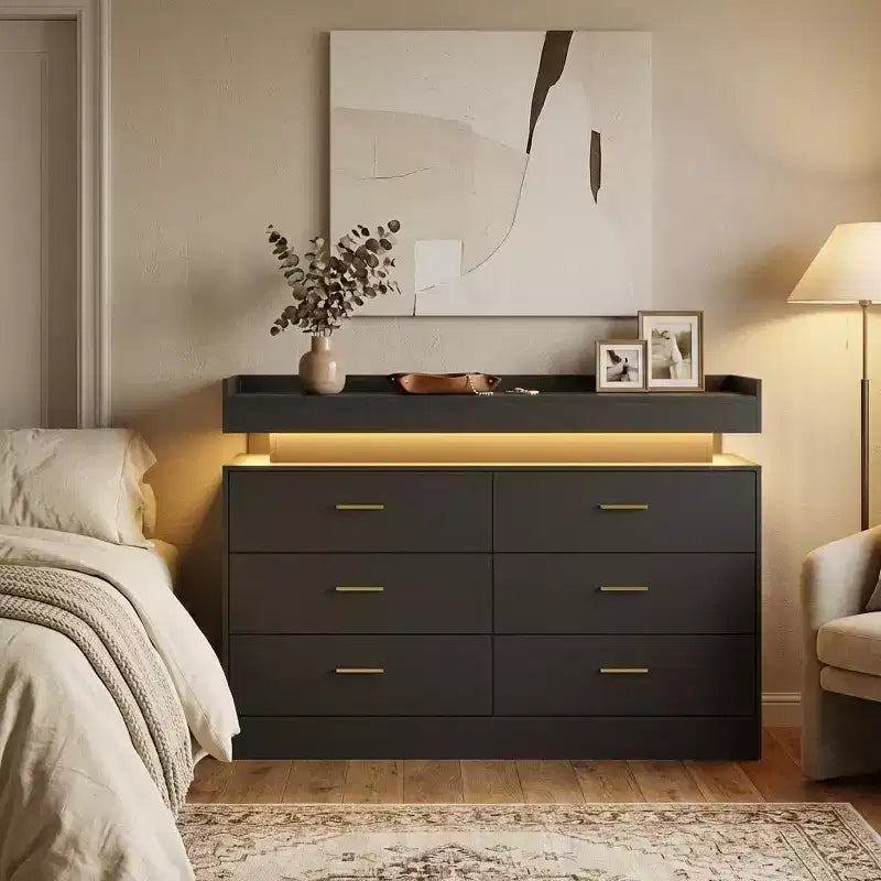 Meuble TV avec lumières et station de charge, Buffet moderne avec bar à café flottant, Console de buffet avec 6 tiroirs pour salon