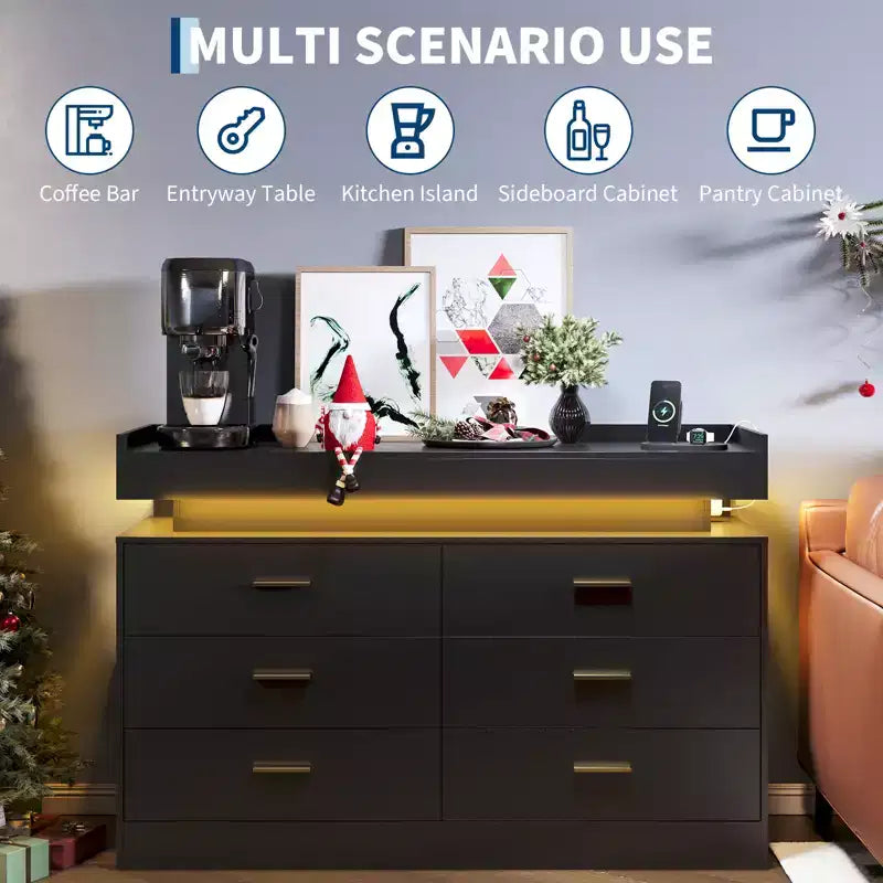 Meuble TV avec lumières et station de charge, Buffet moderne avec bar à café flottant, Console de buffet avec 6 tiroirs pour salon