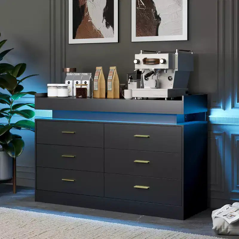 TV Stand Cabinet with Lights & Charging Station, Modern Sideboard Floating Coffee Bar Cabinet, Buffet Console with 6 Drawers for Living Room