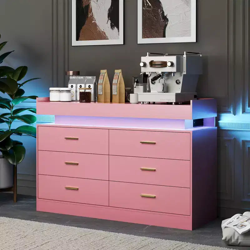 Meuble TV avec lumières et station de charge, Buffet moderne avec bar à café flottant, Console de buffet avec 6 tiroirs pour salon
