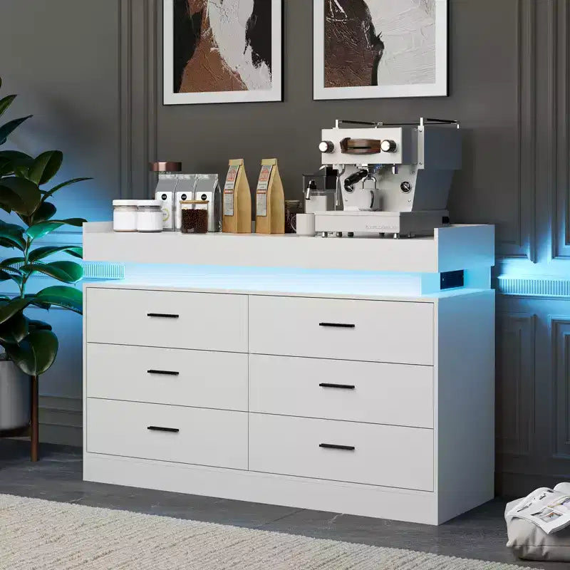 Meuble TV avec lumières et station de charge, Buffet moderne avec bar à café flottant, Console de buffet avec 6 tiroirs pour salon
