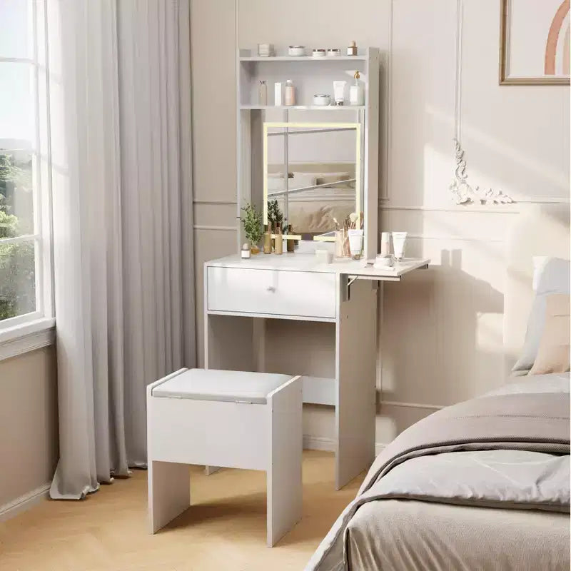 Small Vanity Desk with Mirror and Lights, Wooden Dressing Table with Fold-up Panel & Storage Stool, Makeup Vanity Set for Small Space, Bedroom
