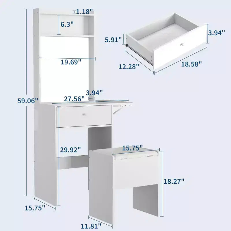 Petite coiffeuse avec miroir et lumières, table de maquillage en bois avec panneau rabattable et tabouret de rangement, ensemble coiffeuse pour petit espace, chambre à coucher