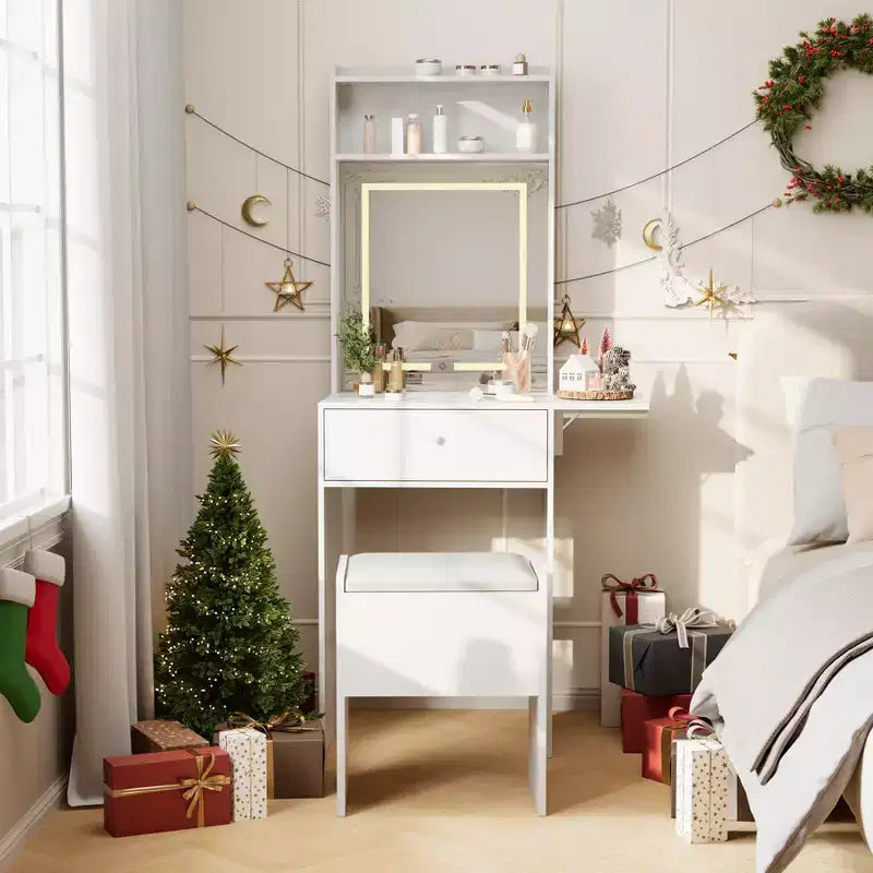 Petite coiffeuse avec miroir et lumières, table de maquillage en bois avec panneau rabattable et tabouret de rangement, ensemble coiffeuse pour petit espace, chambre à coucher