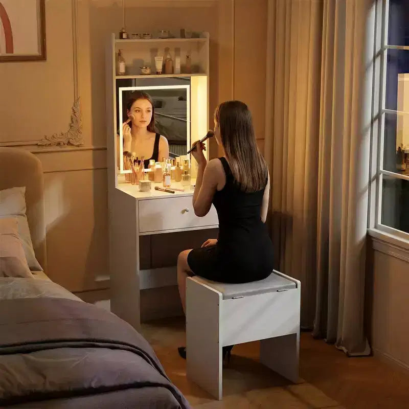 Petite coiffeuse avec miroir et lumières, table de maquillage en bois avec panneau rabattable et tabouret de rangement, ensemble coiffeuse pour petit espace, chambre à coucher