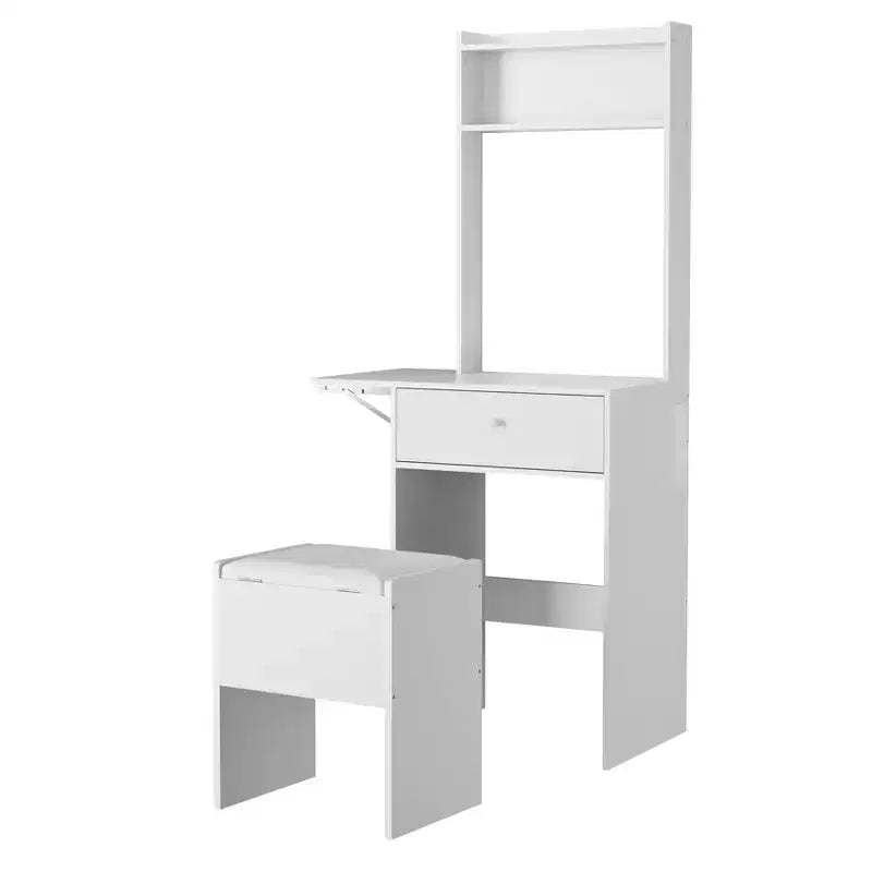 Petite coiffeuse avec miroir et lumières, table de maquillage en bois avec panneau rabattable et tabouret de rangement, ensemble coiffeuse pour petit espace, chambre à coucher