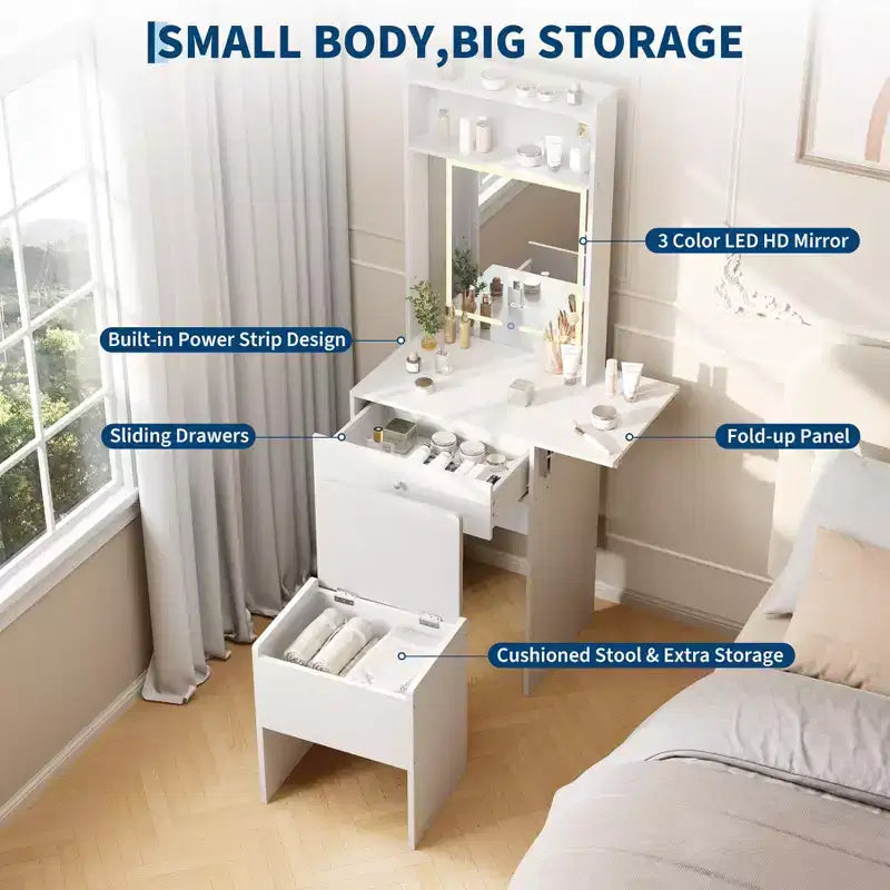 Petite coiffeuse avec miroir et lumières, table de maquillage en bois avec panneau rabattable et tabouret de rangement, ensemble coiffeuse pour petit espace, chambre à coucher