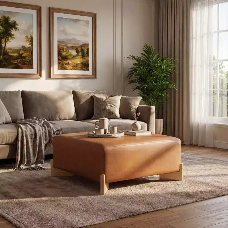 Ottoman capitonné moderne carré en bois de tissu bouclette