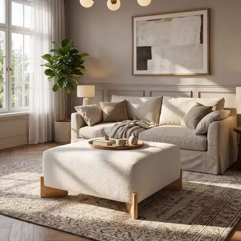 Ottoman capitonné moderne carré en bois de tissu bouclette