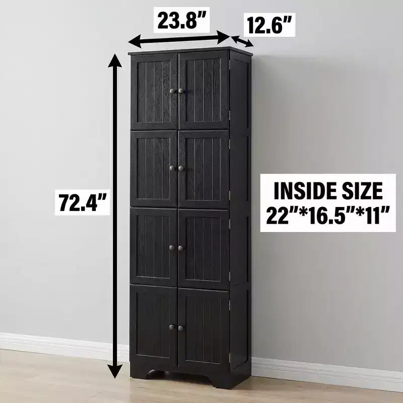 72,4 Armoire de rangement haute autoportante noire avec 8 portes et 4 étagères