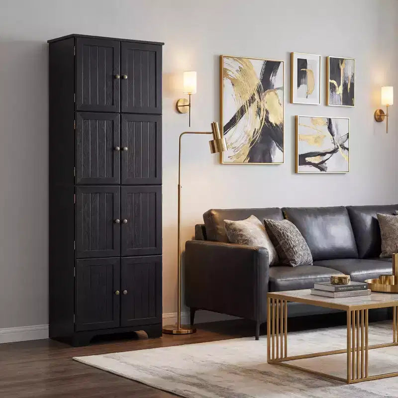 72,4 Armoire de rangement haute autoportante noire avec 8 portes et 4 étagères