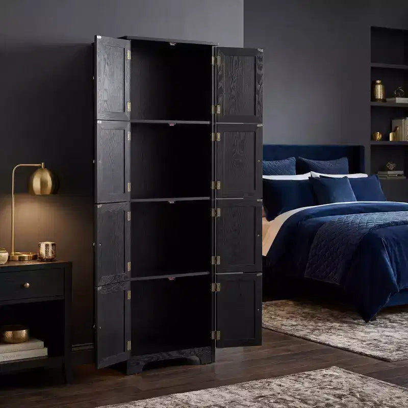 72,4 Armoire de rangement haute autoportante noire avec 8 portes et 4 étagères