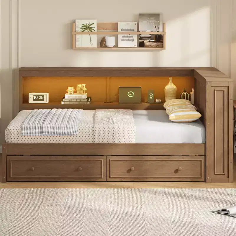 FAMYYT Full Size Wood Daybed with Storage Shelves, USB, LED, and 2 Drawers, Antique Wood Color