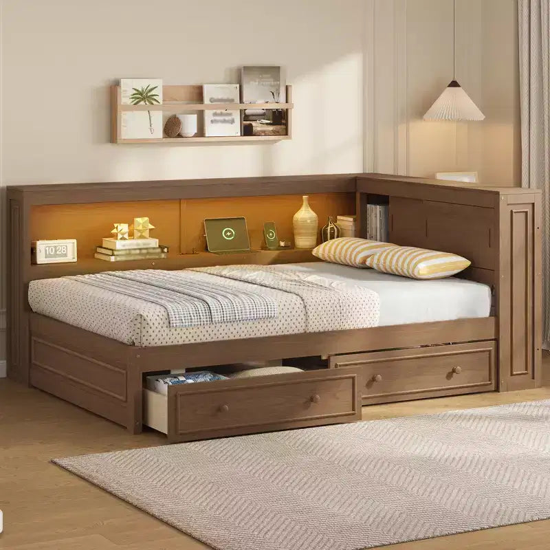Lit de repos double en bois avec étagères de rangement, USB, LED et 2 tiroirs, couleur bois antique