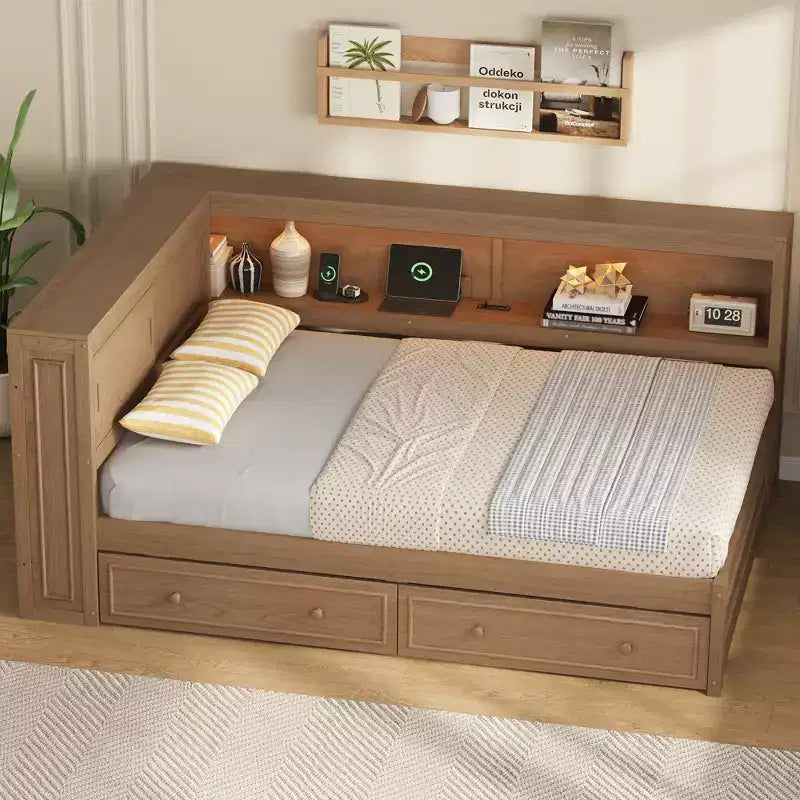 Lit de repos double en bois avec étagères de rangement, USB, LED et 2 tiroirs, couleur bois antique