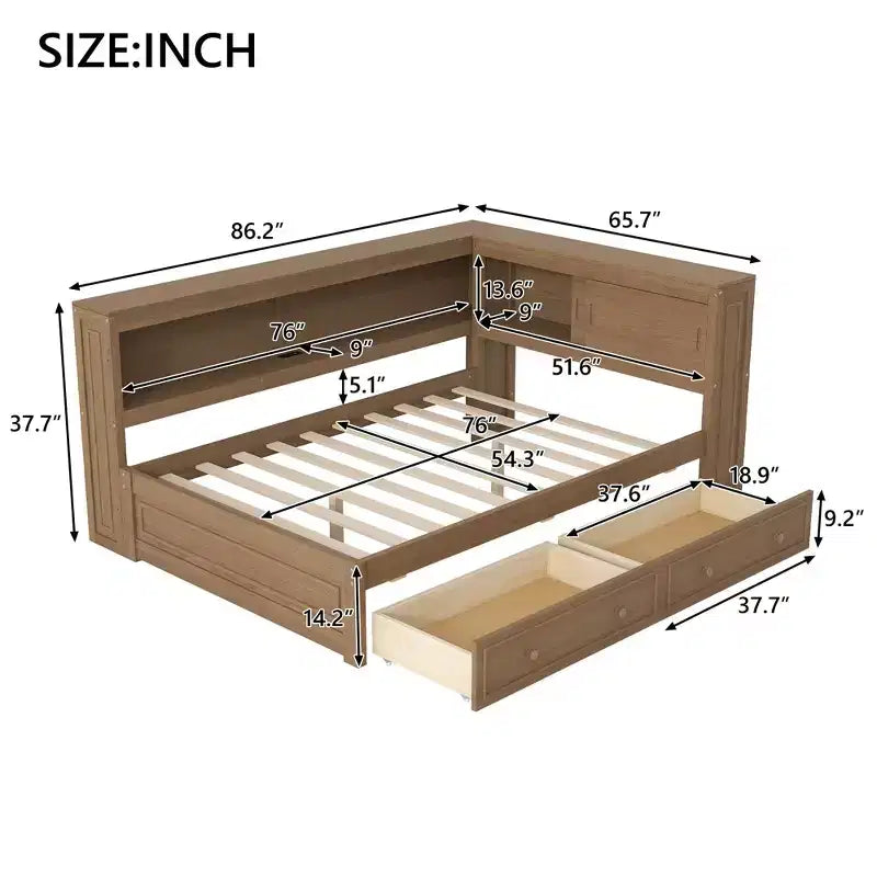 Lit de repos double en bois avec étagères de rangement, USB, LED et 2 tiroirs, couleur bois antique