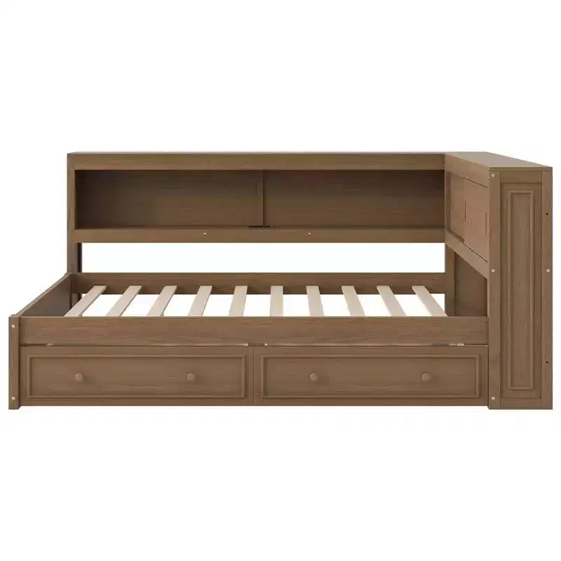 Lit de repos double en bois avec étagères de rangement, USB, LED et 2 tiroirs, couleur bois antique