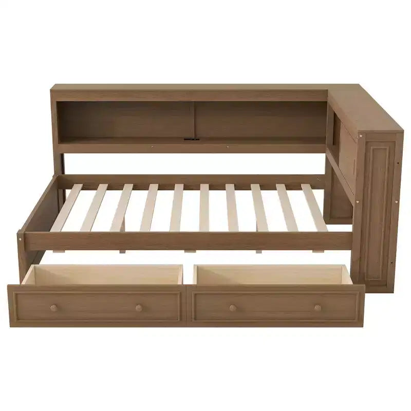 Lit de repos double en bois avec étagères de rangement, USB, LED et 2 tiroirs, couleur bois antique