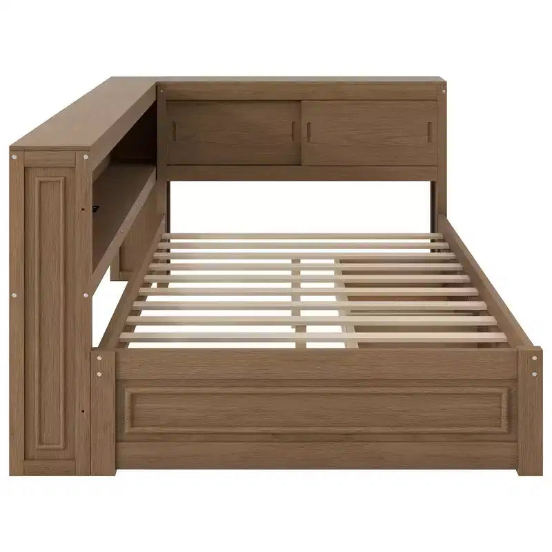 Lit de repos double en bois avec étagères de rangement, USB, LED et 2 tiroirs, couleur bois antique