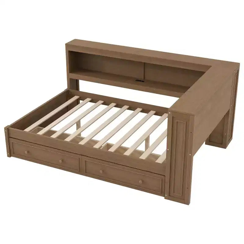 Lit de repos double en bois avec étagères de rangement, USB, LED et 2 tiroirs, couleur bois antique