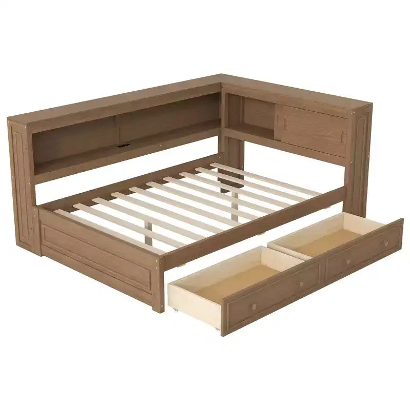 Lit de repos double en bois avec étagères de rangement, USB, LED et 2 tiroirs, couleur bois antique