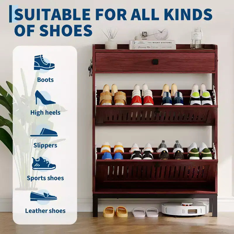 Meuble à chaussures avec 2 tiroirs abattants et grand tiroir, organisateur de rangement à chaussures en bois avec étagère réglable pour entrée, couloir, salon