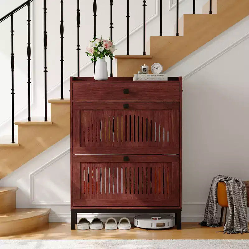 Meuble à chaussures avec 2 tiroirs abattants et grand tiroir, organisateur de rangement à chaussures en bois avec étagère réglable pour entrée, couloir, salon