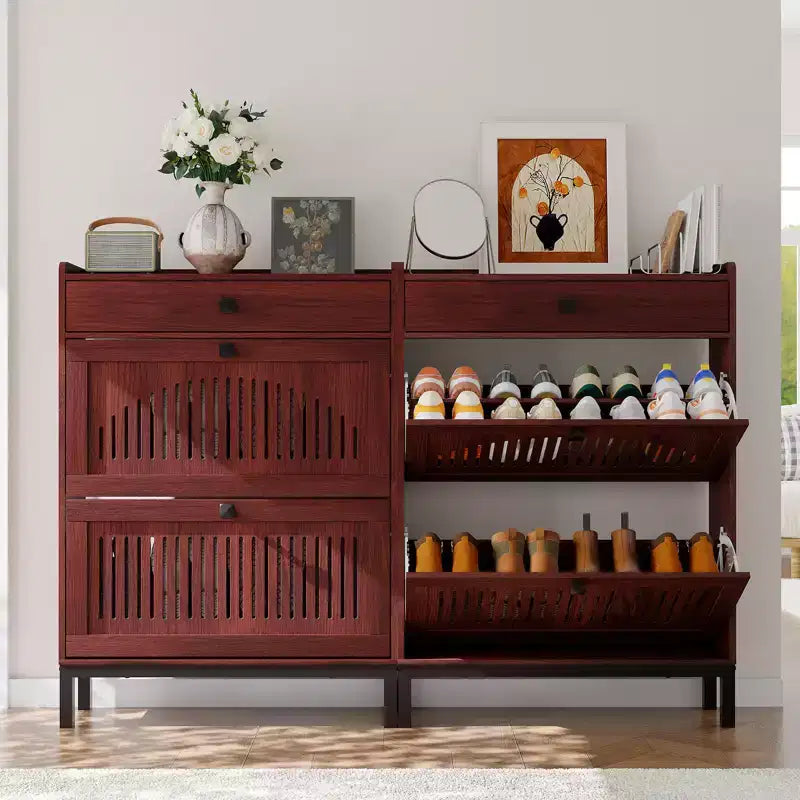 Meuble à chaussures avec 2 tiroirs abattants et grand tiroir, organisateur de rangement à chaussures en bois avec étagère réglable pour entrée, couloir, salon