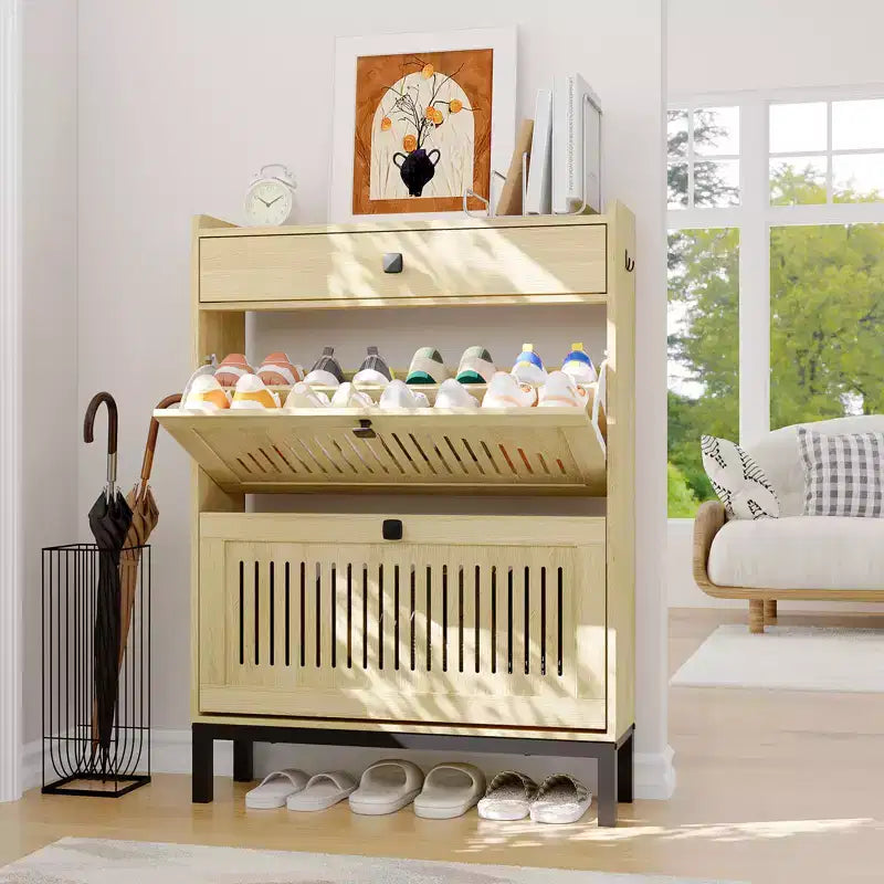 Meuble à chaussures avec 2 tiroirs abattants et grand tiroir, organisateur de rangement à chaussures en bois avec étagère réglable pour entrée, couloir, salon