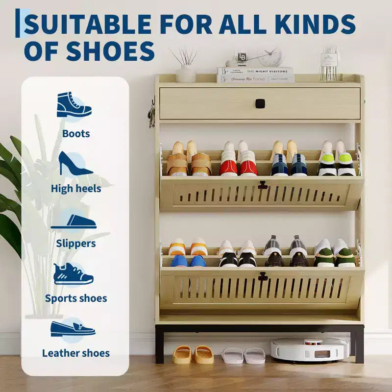 Meuble à chaussures avec 2 tiroirs abattants et grand tiroir, organisateur de rangement à chaussures en bois avec étagère réglable pour entrée, couloir, salon