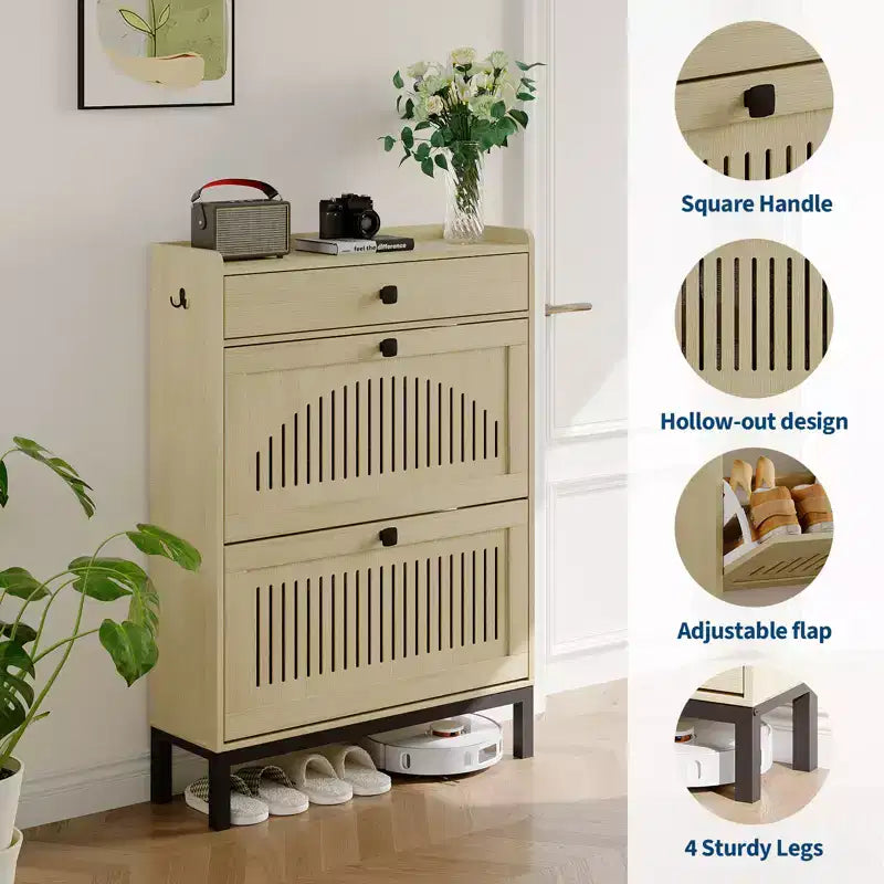 Meuble à chaussures avec 2 tiroirs abattants et grand tiroir, organisateur de rangement à chaussures en bois avec étagère réglable pour entrée, couloir, salon