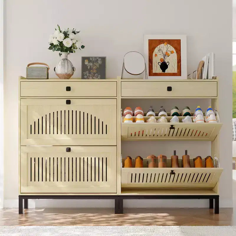 Meuble à chaussures avec 2 tiroirs abattants et grand tiroir, organisateur de rangement à chaussures en bois avec étagère réglable pour entrée, couloir, salon