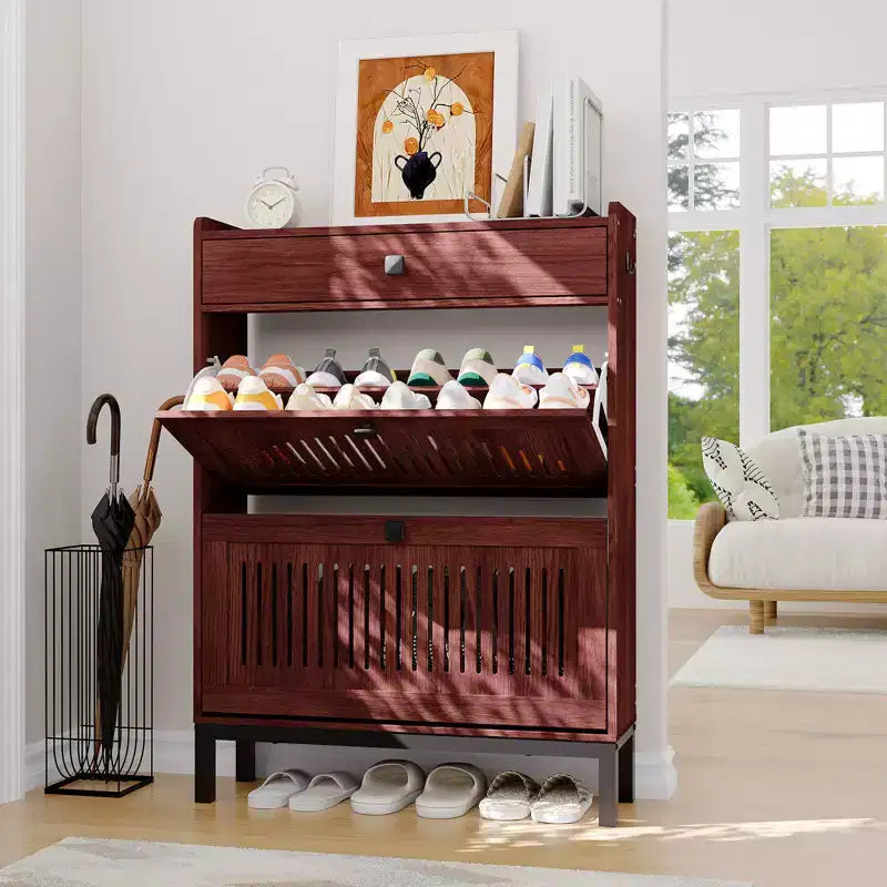 Meuble à chaussures avec 2 tiroirs abattants et grand tiroir, organisateur de rangement à chaussures en bois avec étagère réglable pour entrée, couloir, salon